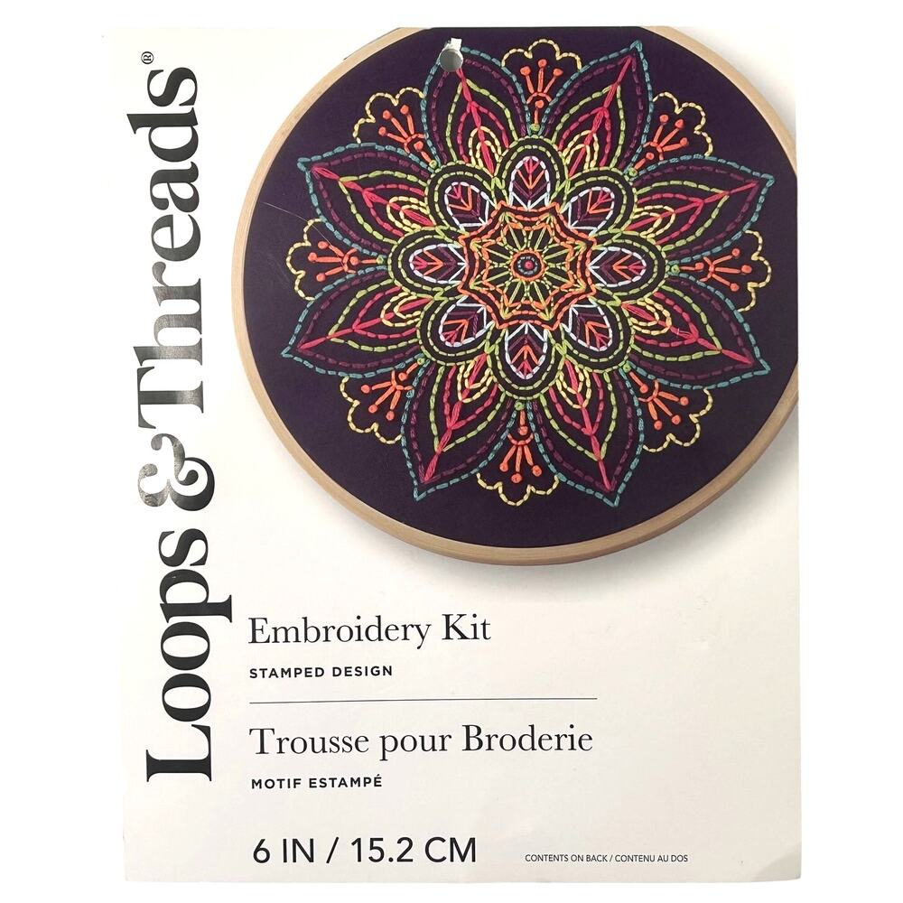 LOOPS & THREADS Neon 6" Mandala Embroidery Kit Stamped Design DIY Craft Boho New